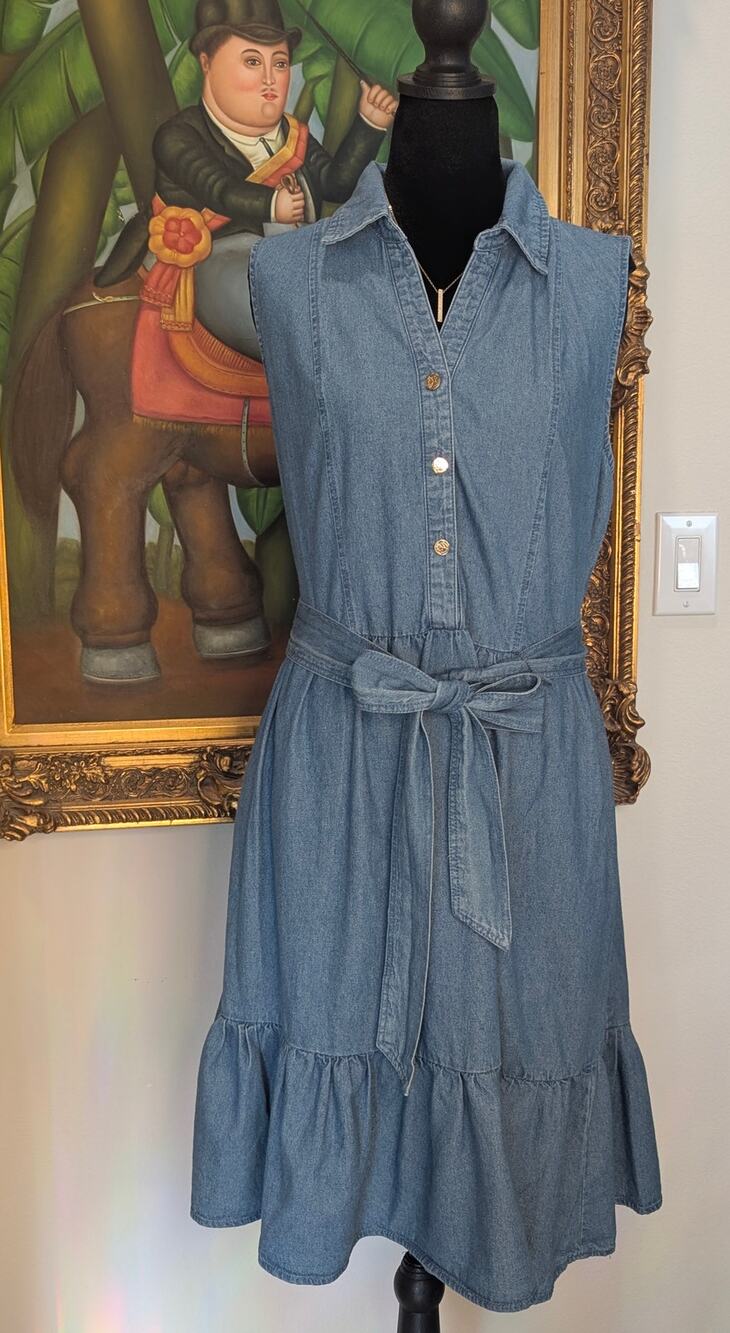 Draper James RSVP Chambray Denim Tiered Shirt Dress Pocket Women M Teacher BTS